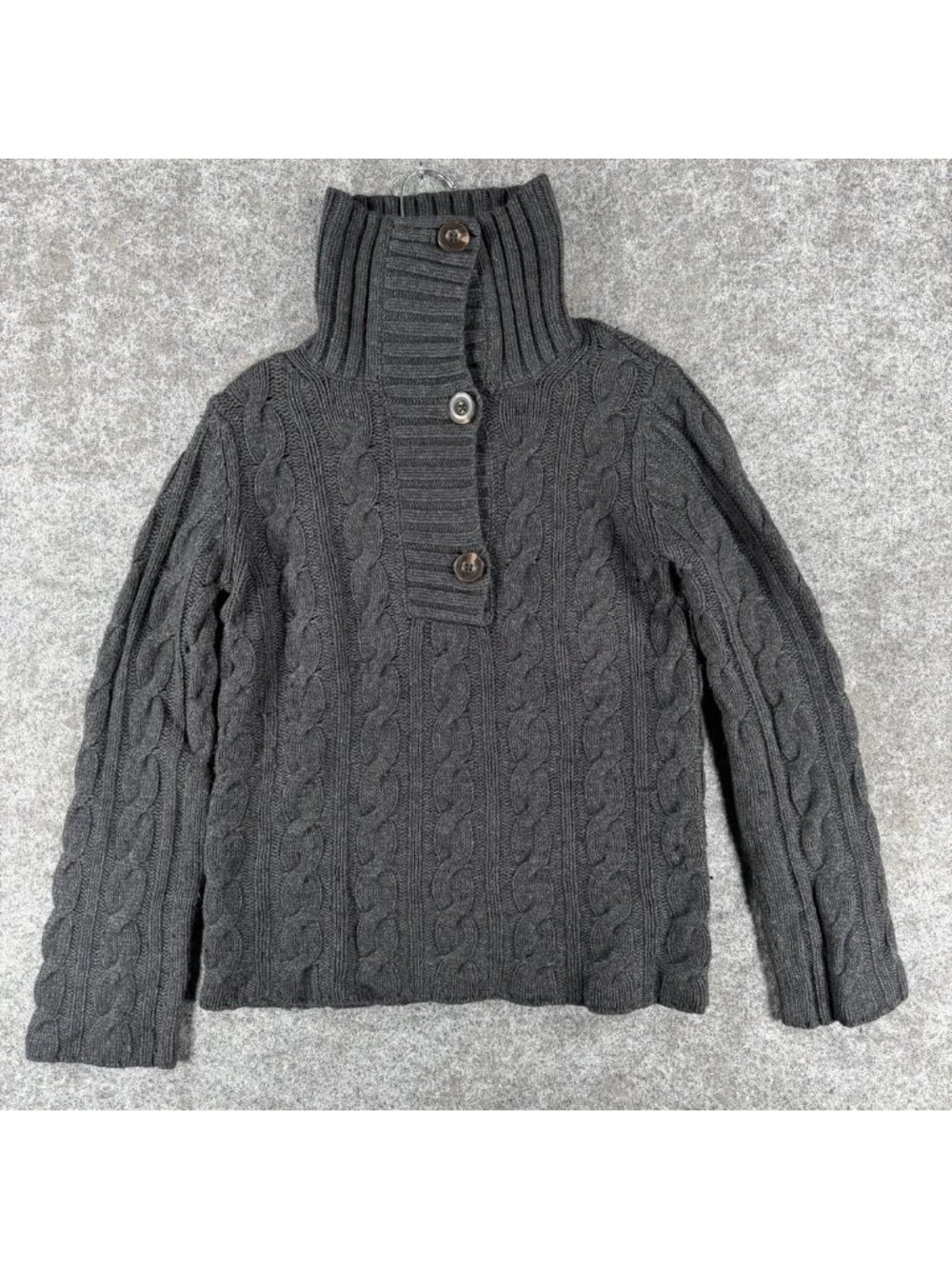 Eddie Bauer Cable Knit Sweater Womens MT‎ Charcoal Gray High Neck Three Button